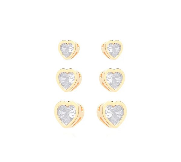 Trio de Brincos Coração com Zircônia Cristal em Galeria Banhado a Ouro 18k — Ale Semijoias