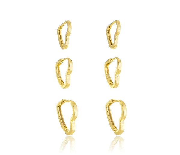 Trio de Brincos Argola Coração Fio Liso com Fecho Click Banhado a Ouro 18k — Ale Semijoias