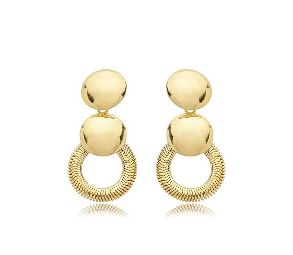 Brinco Pendente Esferas Lisas com Aro Circular Texturizado Banhado a Ouro 18k — Ale Semijoias