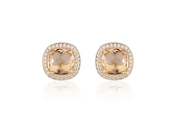 Brinco Botão Quadrado com Cristal Zircônia Pêssego e Microzircônias Banhado a Ouro 18k — Ale Semijoias