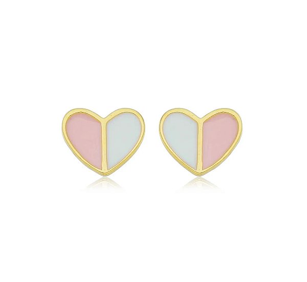 Brinco Infantil Baby Coração Esmaltado Rosa e Branco com Tarraxa de Segurança Banhado a Ouro 18k — Ale Semijoias