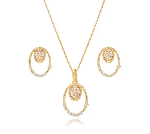 Conjunto Oval Micro Zircônias Banho Ouro 18k