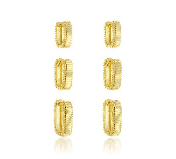 Trio de Argolas Oval com Textura Banhadas a Ouro 18k