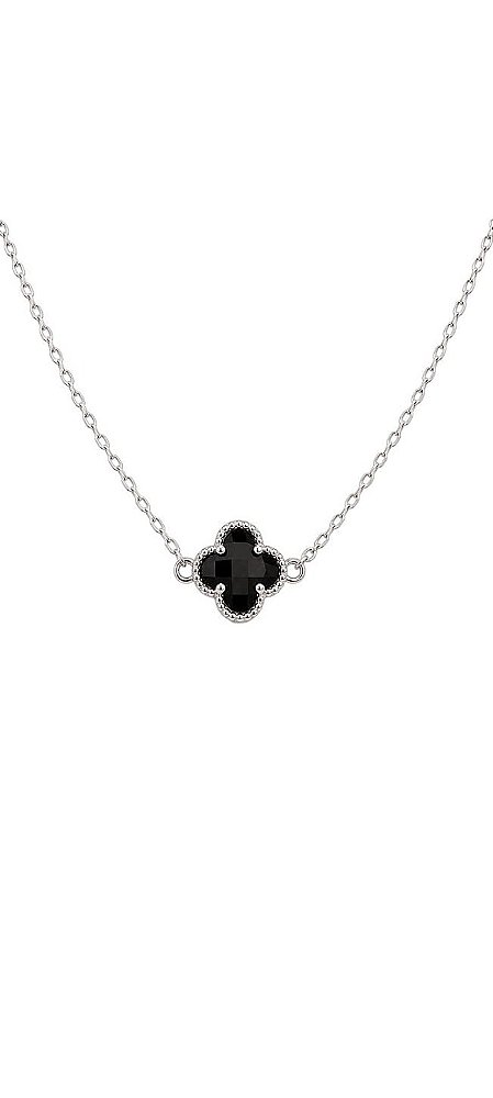 Colar Trevo com Cristal Preto em Prata, 45cm