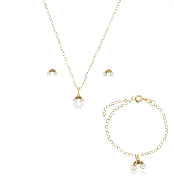 Conjunto Colar Brinco e Pulseira Arco-íris Banho Ouro 18k - Ale Semijoias