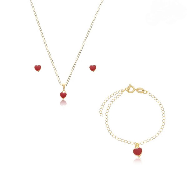 Conjunto Colar Brinco e Pulseira Coração Banho Ouro 18k - Ale Semijoias