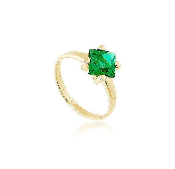 Anel Pedra Carré Quadrado Verde Esmeralda Banho Ouro 18k - Ale Semijoias