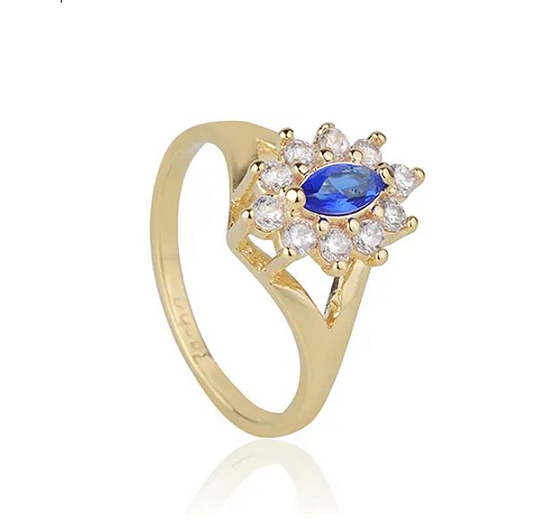 Anel de Formatura Zircônia Azul Banho Ouro 18k - Ale Semijoias