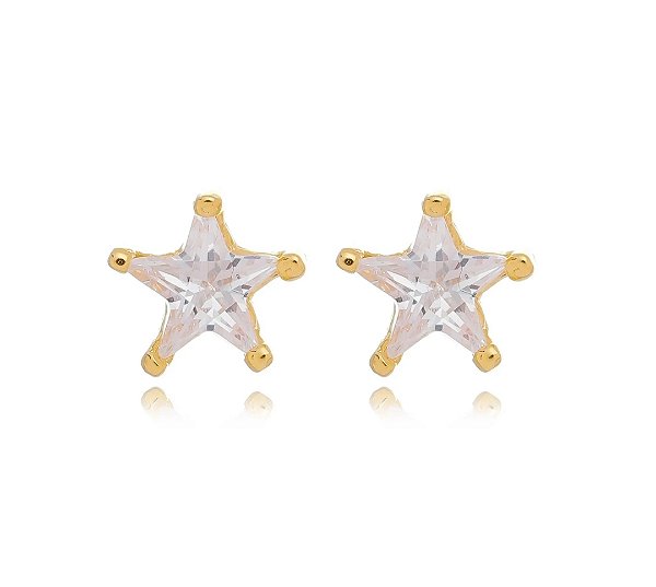 Brinco Solitário Estrela Zircônia Cristal Banho Ouro 18k - Ale Semijoias
