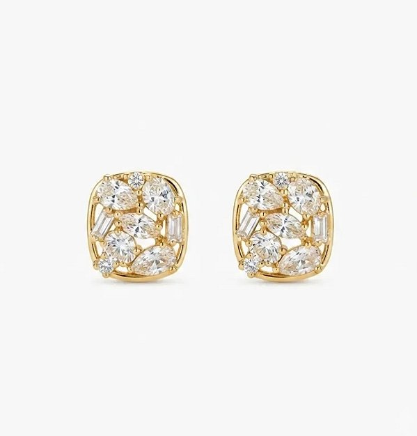 Brinco Quadrado Mosaico Zircônias Banho Ouro 18k - Ale Semijoias