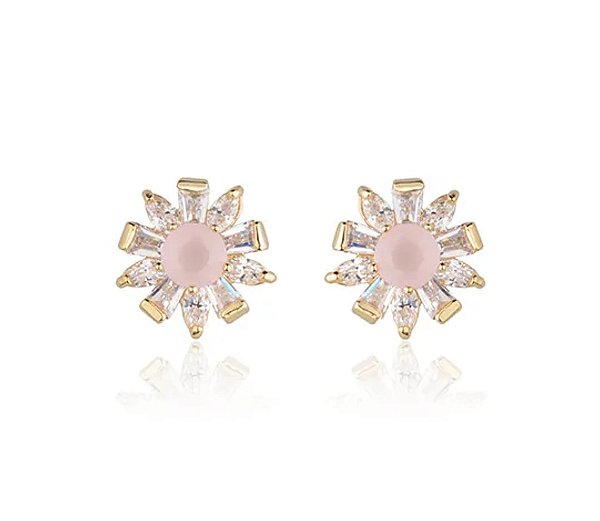 Brinco Flor Pedra Rosa e Zircônias Banho Ouro 18k - Ale Semijoias