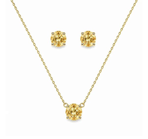 Conjunto Colar e Brinco Ponto de Luz Zircônia Citrino Banho Ouro 18k - Ale Semijoias