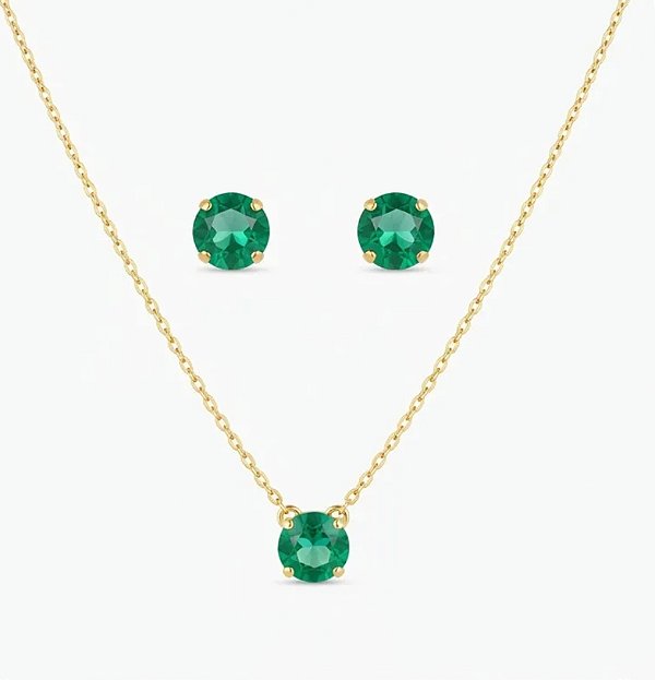 Conjunto Colar e Brinco Ponto de Luz Verde Peridoto Banho Ouro 18k - Ale Semijoias