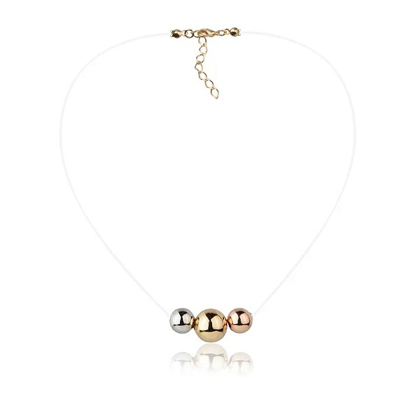 Gargantilha Fio de Nylon com 3 Esferas Tricolor Banho Ouro 18k - Ale Semijoias