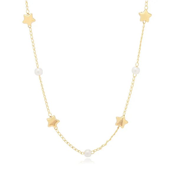 Colar Longo Estrela e Pérola Banho Ouro 18k - Ale Semijoias