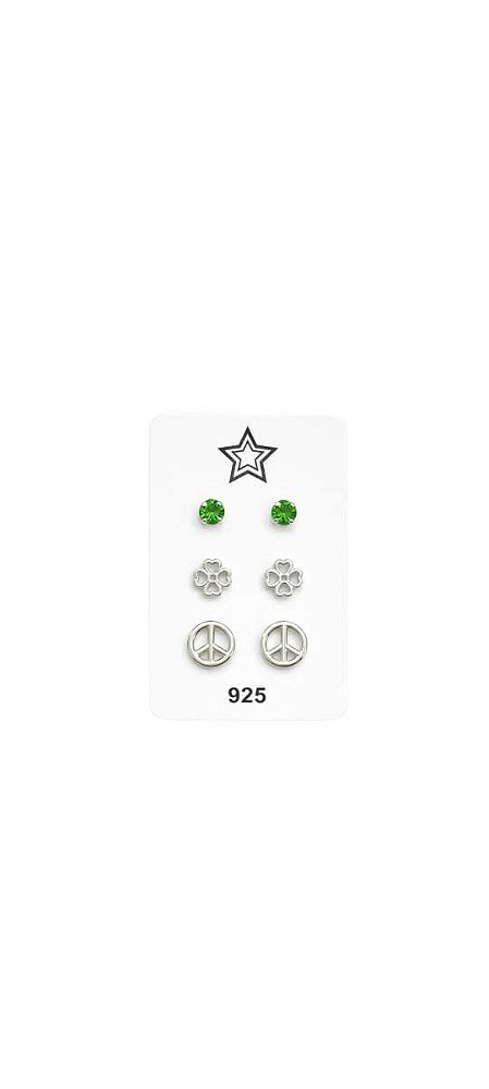 Trio de Brincos Zircônia Verde Peridoto, Trevo e Símbolo da Paz Prata 925 - Ale Semijoias