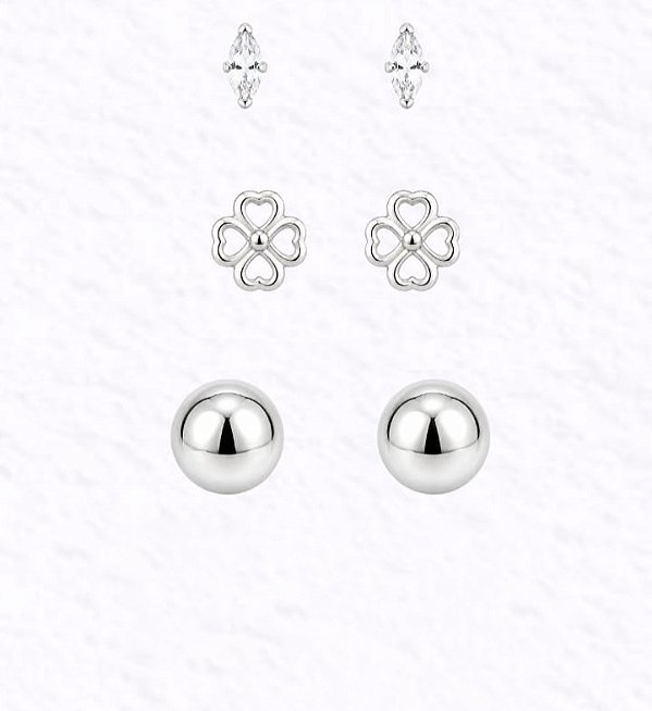 Trio de Brincos Navete Zircônia, Trevo e Esfera 6mm Prata 925 - Ale Semijoias