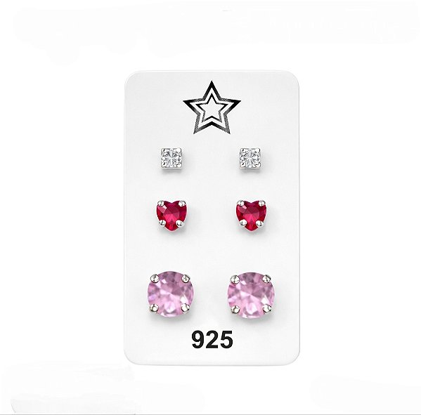 Trio de Brincos Zircônia Quadrada Cristal, Coração Rubi e Redondo Rosa Prata 925 - Ale