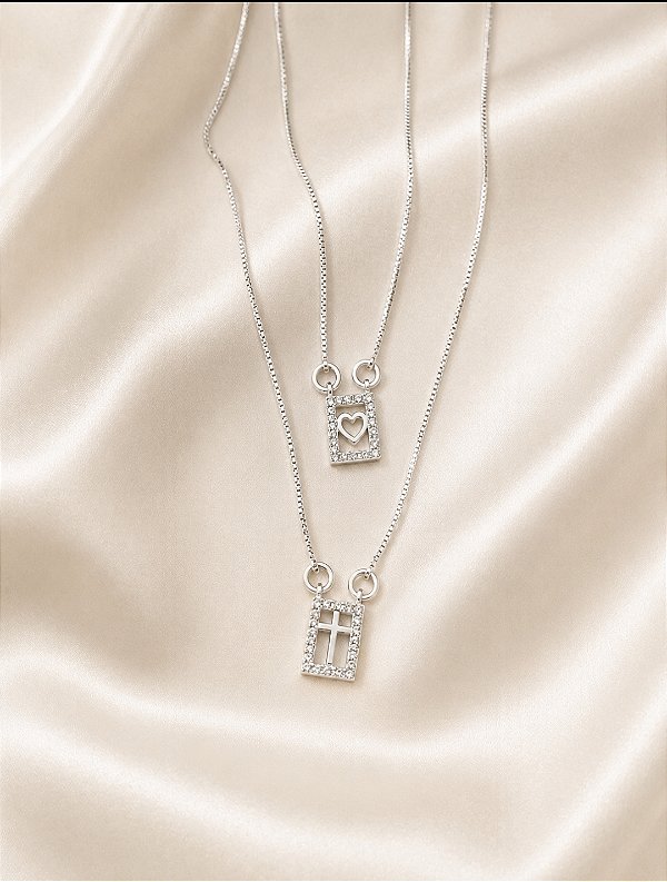 Escapulário Cruz e Coração Cravejado Zircônias Cristal Corrente Veneziana 60cm Prata 925 - Ale Semijoias