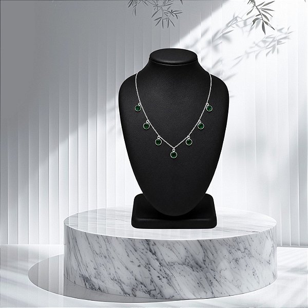 Colar Choker 7 Cristais Verdes Esmeralda 6mm Corrente 45cm Prata 925 - Ale Semijoias