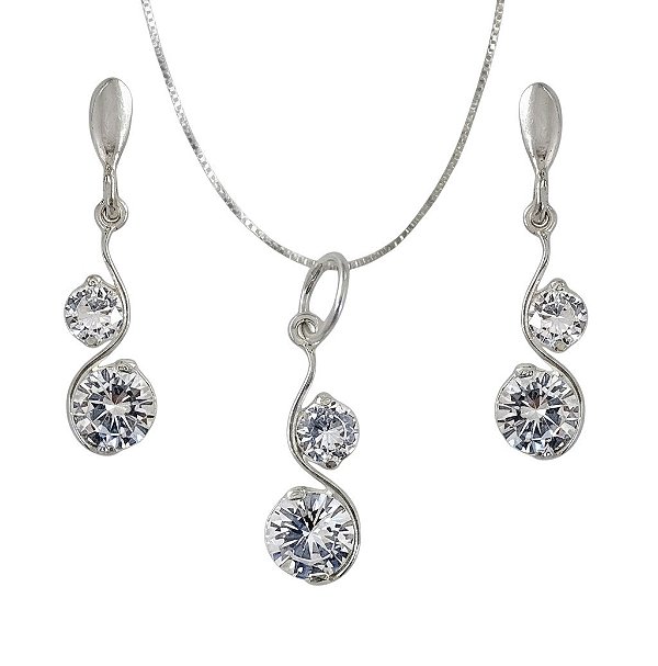 Conjunto Colar e Brincos Ondulado Zircônias Cristal Super Luxo