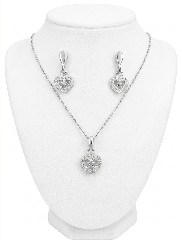 Conjunto Colar e Brincos Coração Micro Cravejado com Estrela