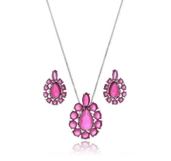 Conjunto Gota Cravejada Rosa Ródio