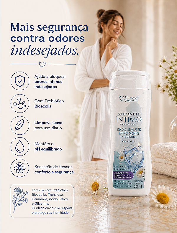Sabonete Íntimo Bloqueador de Odores 200ml Suave Fragrance – Odor Block com Prebiótico Bioecolia, Camomila e pH Equilibrado
