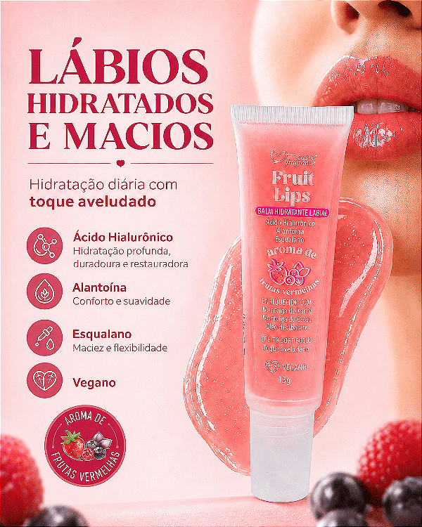 Balm Hidratante Labial Fruit Lips 13g Suave Fragrance – Ácido Hialurônico, Manteiga de Karité e Cacau