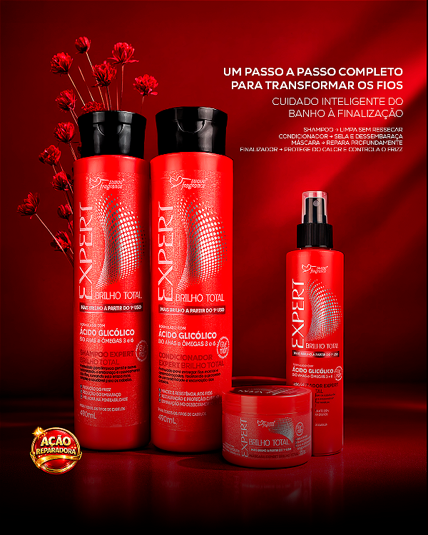 Kit Expert Brilho Total Suave Fragrance – Shampoo 490ml + Condicionador 490ml + Máscara 300g + Finalizador 250ml com Blend de Ácidos, Ômegas 3 e 6, Reparação e Brilho Intenso