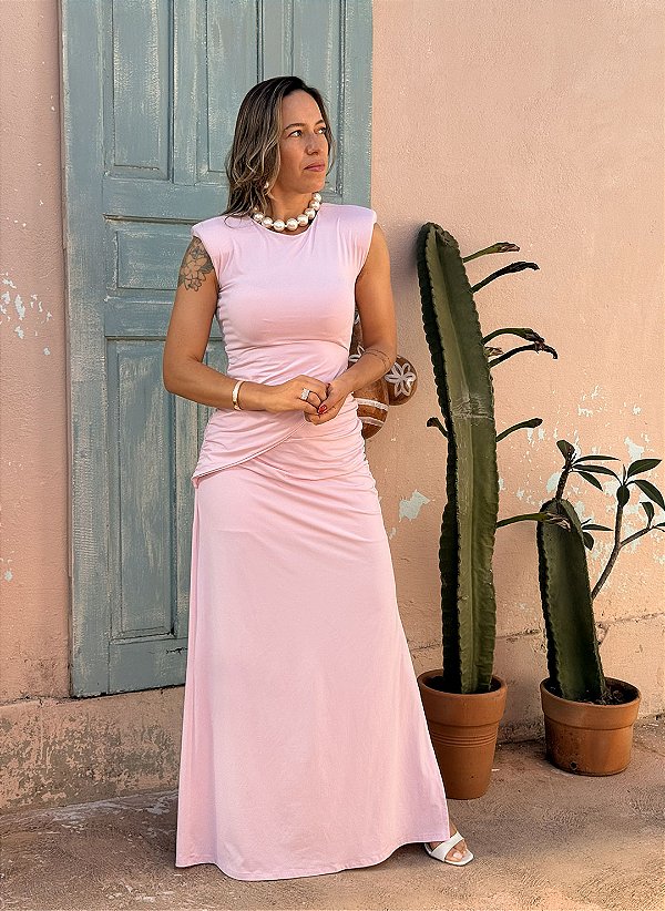 Vestido longo rosa com venda longa