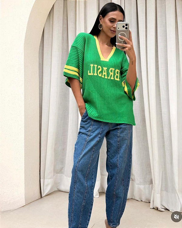 Blusa tricô lisa Brasil - Gola v (Verde e Amarela)