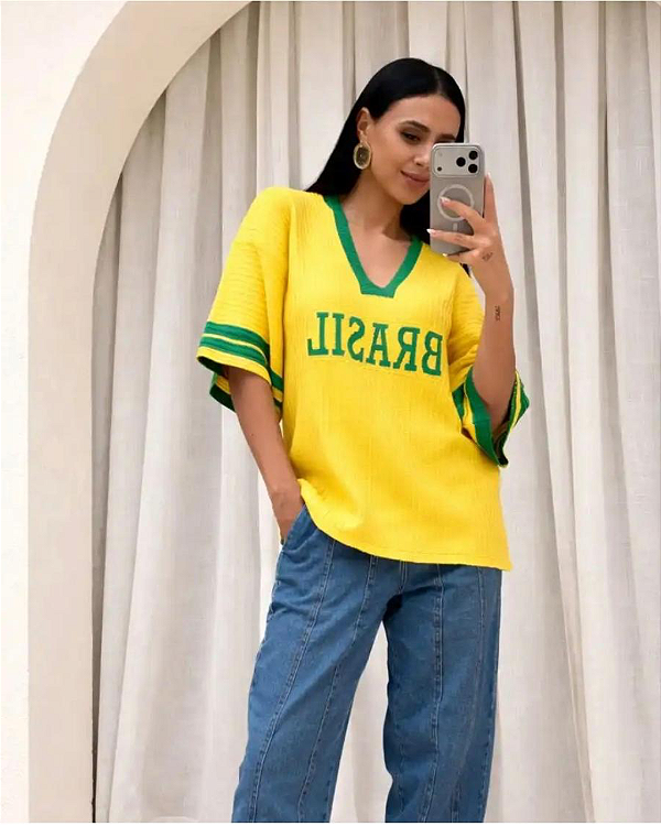 Blusa tricô lisa Brasil - Gola v (Amarela e Verde)