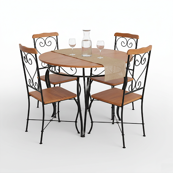 Jogo de mesa redonda fixa 90cm com 4 cadeiras coração