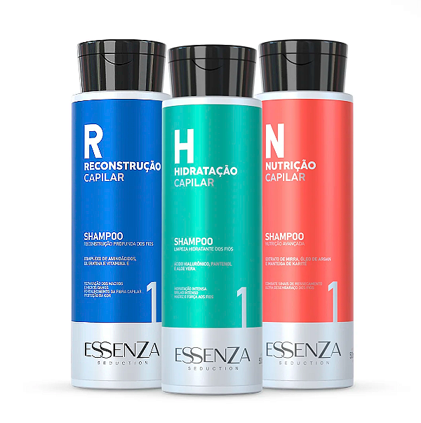 Kit 3 Shampoos Profissionais Essenza – Reconstrução, Hidratação e Nutrição Capilar