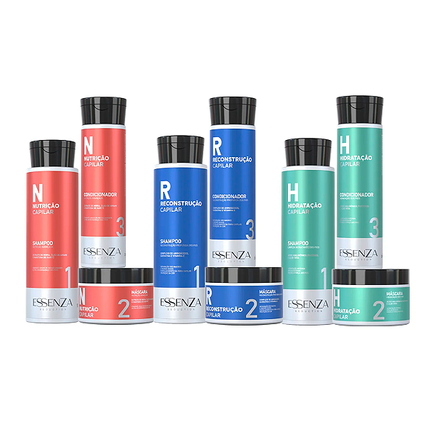 Kit Cronograma Capilar Essenza – 3 Kits de 3 Passos Reconstrução, Hidratação e Nutrição