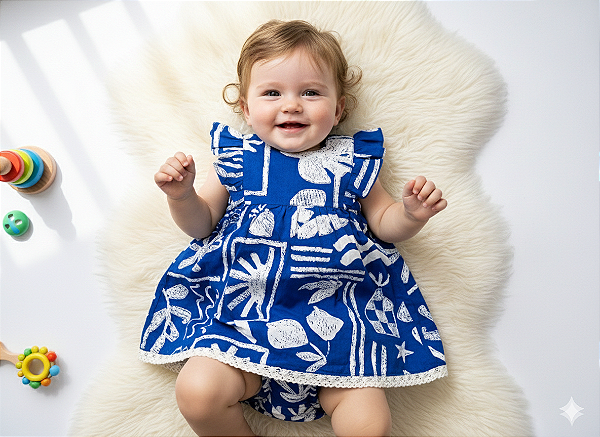 VESTIDO BEBE MUNDO CEU + TAPA FRALDA - ESTAMPA GIZ AZUL