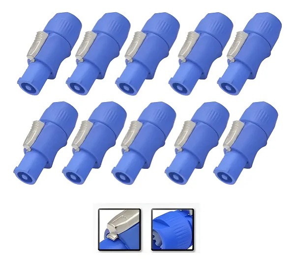 Kit 10 Plug Powercon Macho Azul Conector Ac 3 Pólo Com Trava
