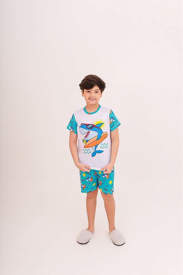 Pijama Curto Menino Tubarão Surfista