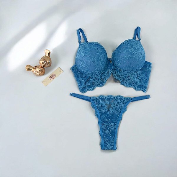 Conjunto Lingerie Renda Tule Azul