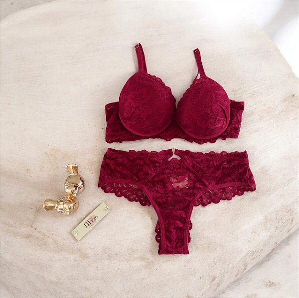Conjunto de Renda com Aro Vinho Sensual