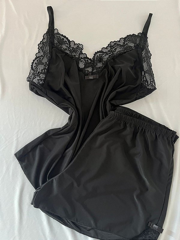 Baby Dool Preto com Renda