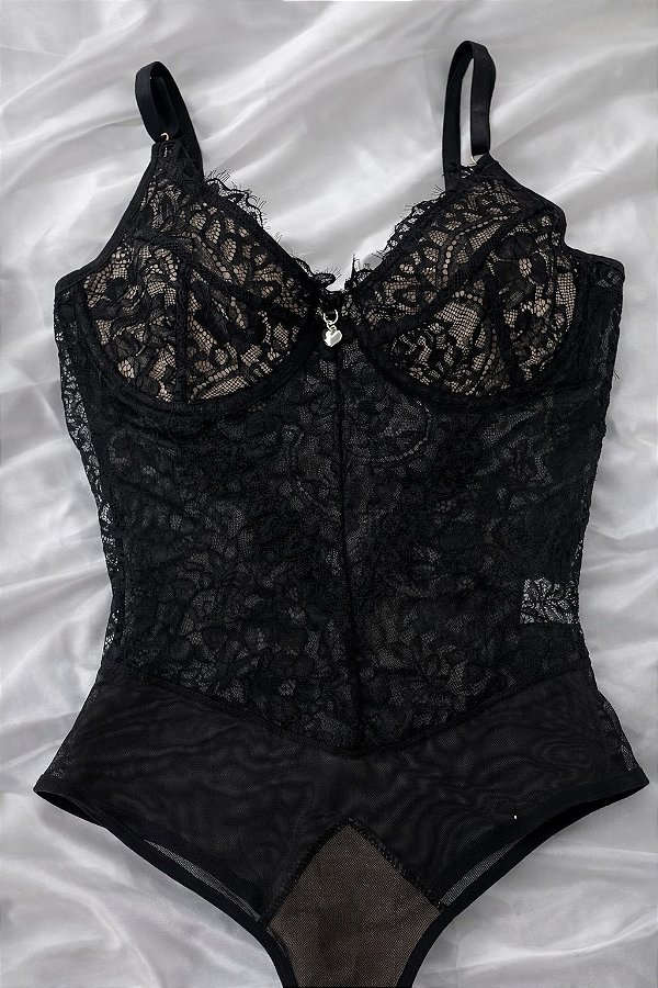 Body de Renda Preto com Nude