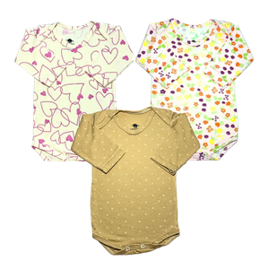 Kit Body Manga Longa Estampado Menina Cotton - 03 unidades