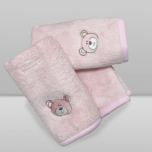 Kit Paninho de Boca Laço Bebê Babitas Bordado - Urso Rosa