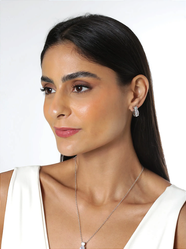 Conjunto de Colar e Brincos com Zircônias Redondas Cristais folheado em ródio branco