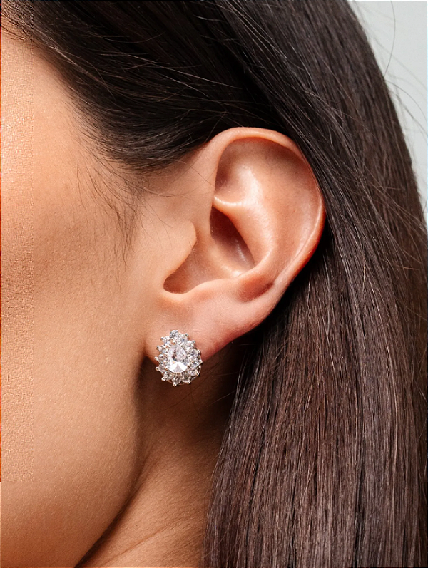 Brinco de Gota Grande de Zircônia com Cravação Coroa folheado ródio branco