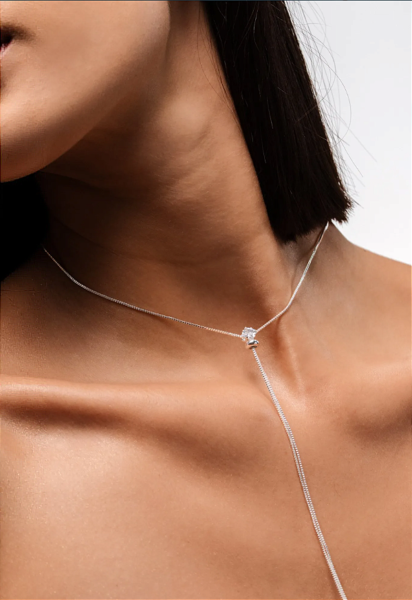 Colar Gravatinha com Ponto de Luz Cristal folheado em ródio branco