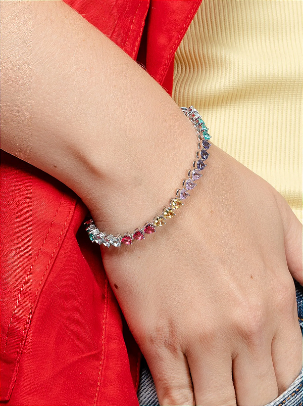 Pulseira Riviera com Zircônias Coloridas de Coração folheado em ródio branco