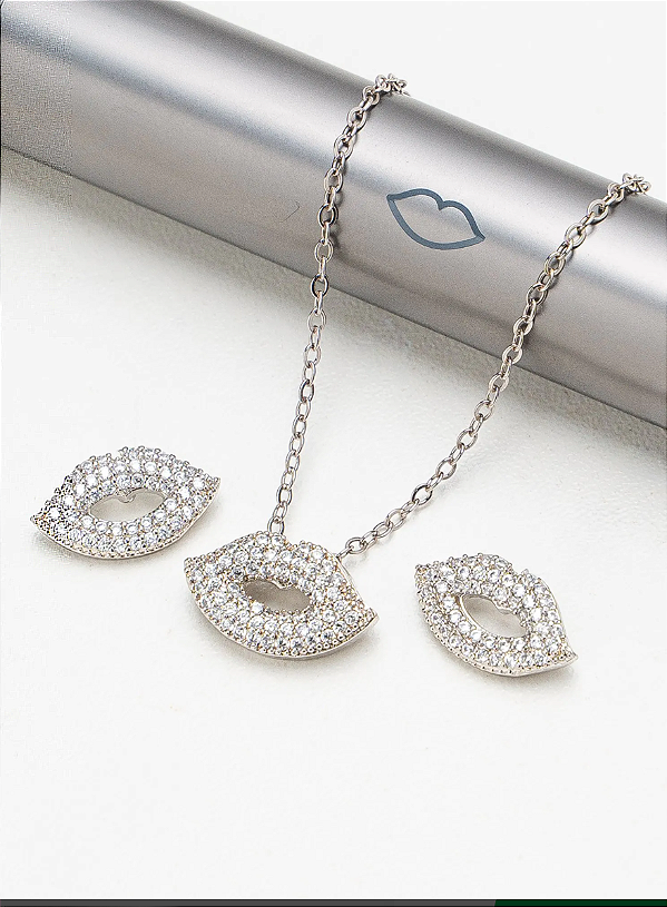 Conjunto de Colar e Brincos Boca Compacta Cristal Cravejada folheado em ródio branco